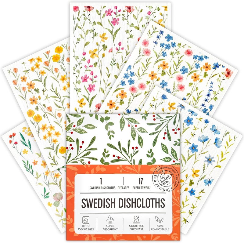 Augine Swedish Dishcloths for Kitchen, 5 Pack Flowers Reusable Paper Towels Washable, Super Absorbent Swedish Dish Cloths, Biodegradable, Non-Scratch, No Odor - Image 1